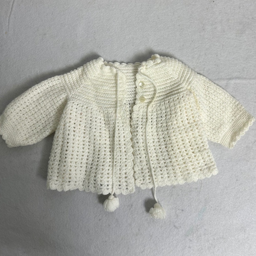 Handmade Kids Baby Cream White‎ Crochet Pom Pom Button Cardigan Sweater
